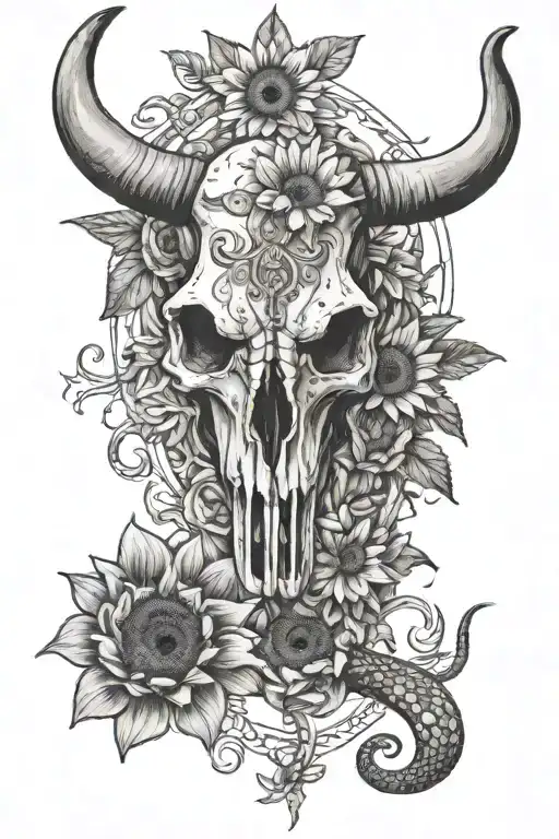 longhorn skull with snake underneath her with sunflowers tattoo design idea