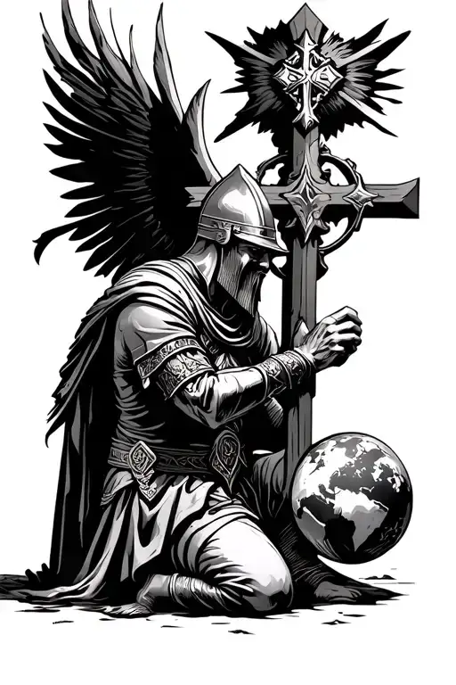 crusader kneeling giving world with crusafix behind him tattoo design idea