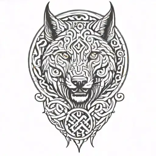 fenrir with runes and snake wrapping, line work design tattoo design idea