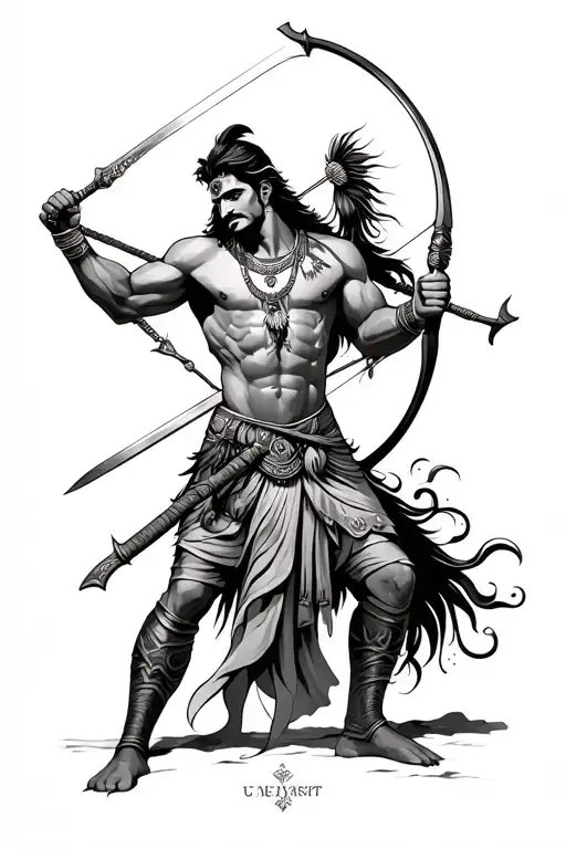 indian mythology warrior having archer and sword in Mahabharat shoulder to bicep level tatoo tattoo design idea