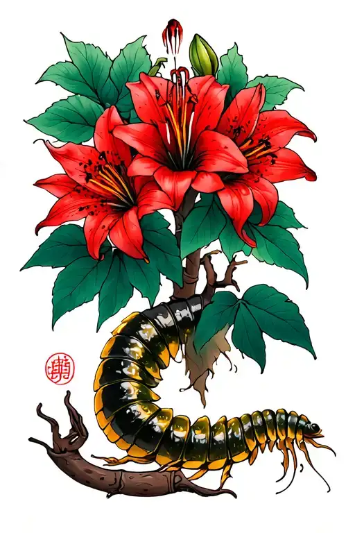 japenese tattoo using red spider lillies, a poison tree and a centedpede tattoo design idea