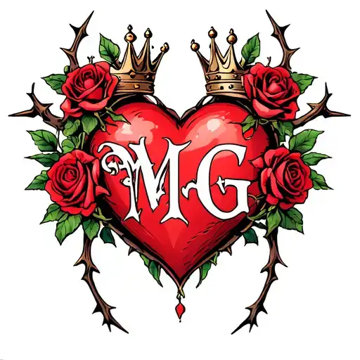 "M G" heart intertwined with roses and thorns with a crown and Gothic letters tattoo design idea