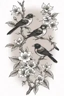 sideways skinny spooky scary cherry branch with minimal blossoms and four very small solid black birds sitting  tattoo design idea
