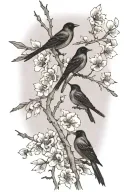 sideways skinny spooky scary cherry branch with minimal blossoms and four very small solid black birds sitting  tattoo design idea