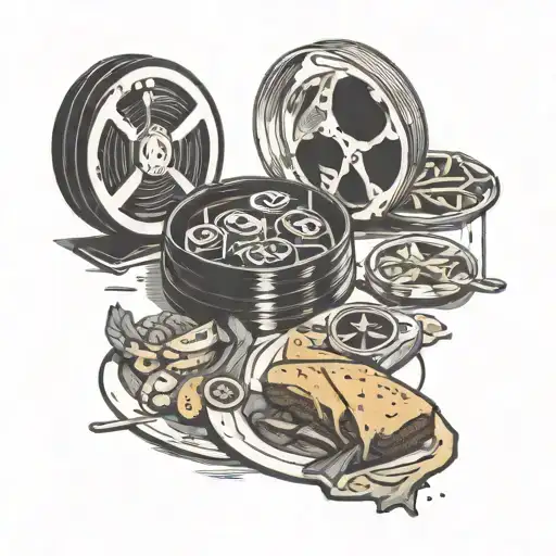 A meal featuring film reels as the main course, highlighting the customer's love of both food and film tattoo design idea