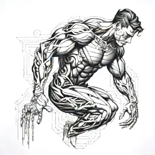 A futuristic cyborg bodybuilder with intricate circuit patterns integrated into their muscles tattoo design idea
