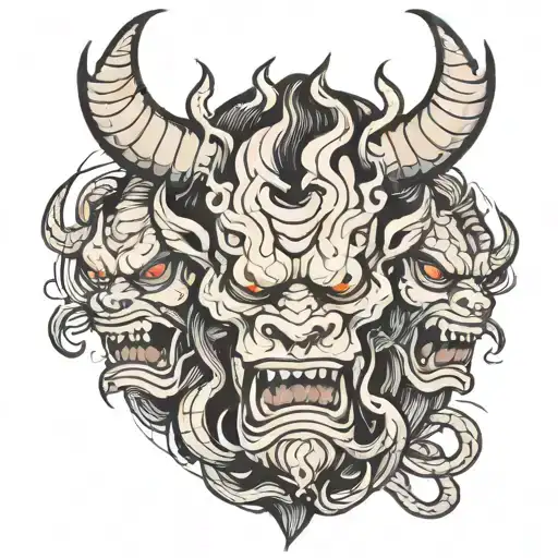 Three-Faced Oni: A central oni with two other faces, one on each side, all connected by tentacles or black flames. tattoo design idea