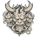 Three-Faced Oni: A central oni with two other faces, one on each side, all connected by tentacles or black flames. tattoo design idea