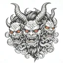 Three-Faced Oni: A central oni with two other faces, one on each side, all connected by tentacles or black flames. tattoo design idea