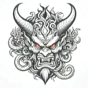 Three-Faced Oni: A central oni with two other faces, one on each side, all connected by tentacles or black flames. tattoo design idea