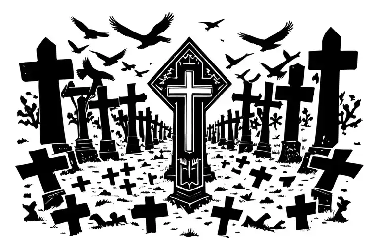 Graveyard full of crosses and birds flying around  tattoo design idea
