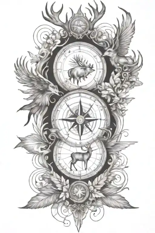 compass, arrows, deer, phoenix tattoo design idea