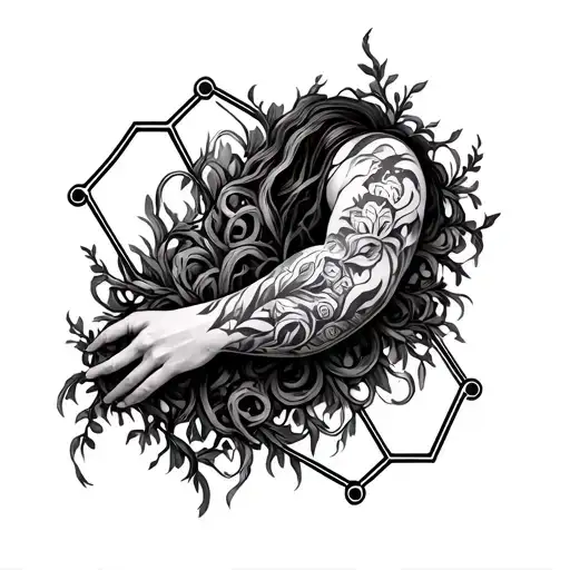 Left arm, sleeve tattoo, metallic hexagonal forms, thick vines, overgrowth tattoo design idea