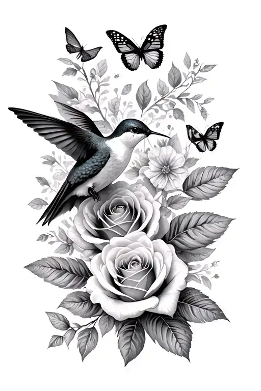 hummingbird, butterflies, and roses tattoo design idea