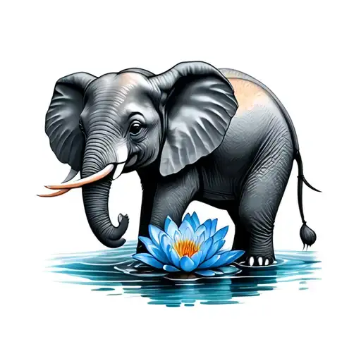baby elephant with blue water lily in its trunk tattoo design idea