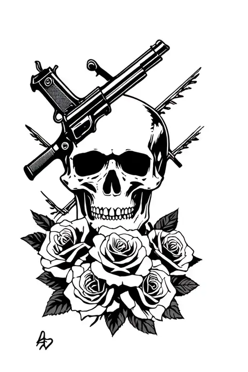rebel flag , gun and roses skull surrounded tattoo design idea