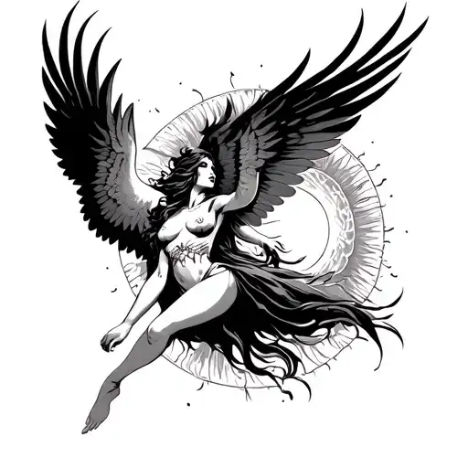 harpy woman flying towards the sun tattoo design idea