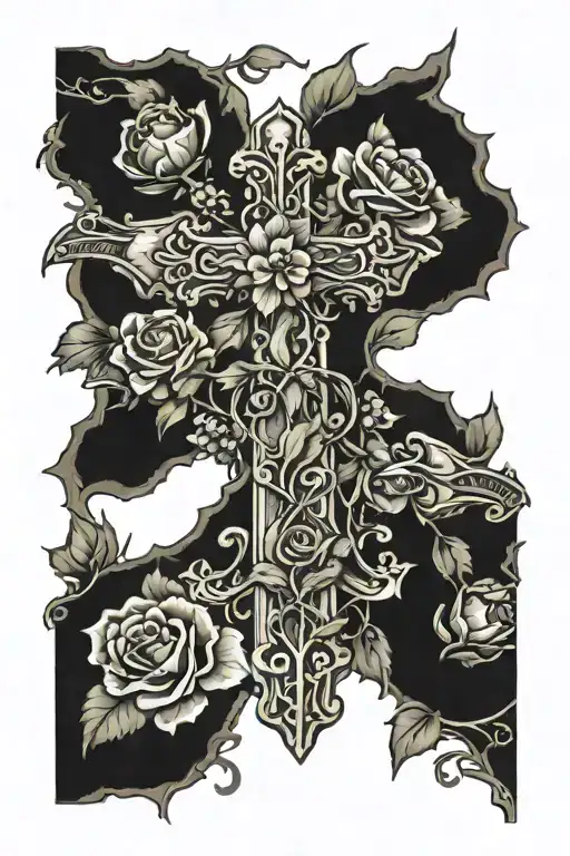 midevil cross with vines and dead flowers intertwined on forearm and feminine  tattoo design idea