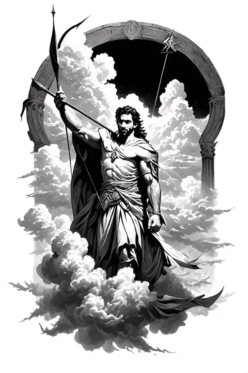 Angelo Piccolo above the clouds with an arch and an arrow ready to be struck, tattoo design idea