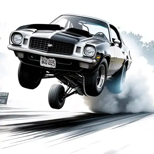 drag racing with a 1975 black and silver Camaro doing a wheelie off the starting line with other ai generated details tattoo design idea
