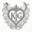 the letters k, b, c; the word king; heart; music tattoo design idea