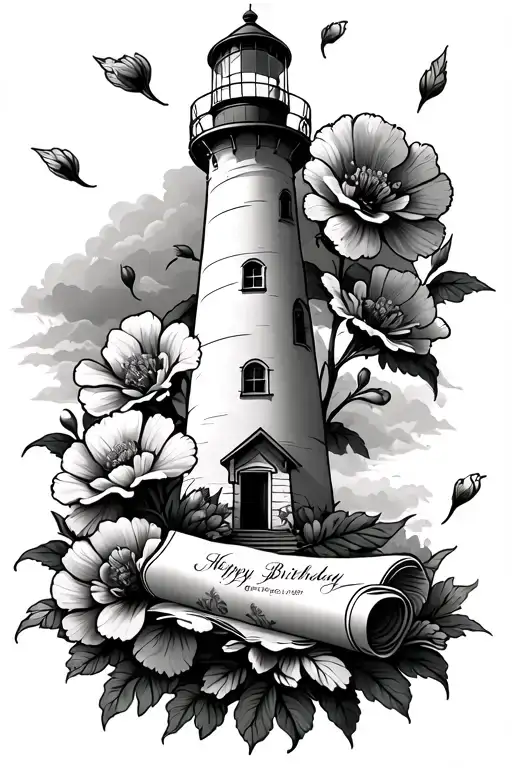  thinner lighthouse surrounded by carnation flower pedals, with a scroll that had a random birthday on it tattoo design idea