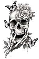skeleton hands gripping a skull with an open mouth and have roses and ither flowers and butterflies incorperated into it tattoo design idea