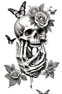 skeleton hands gripping a skull with an open mouth and have roses and ither flowers and butterflies incorperated into it tattoo design idea