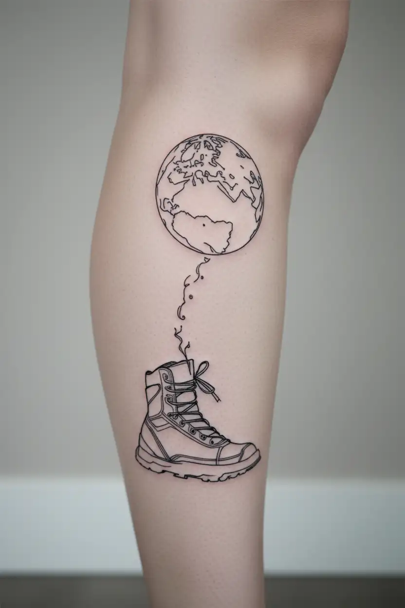 hiking boot with globe coming out of the top tattoo design idea