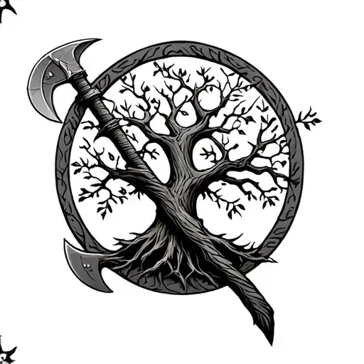 tree of life with 1 viking battle axe and 1 native war hatchet tattoo design idea
