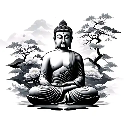 Buddha with Japanese background tattoo design idea