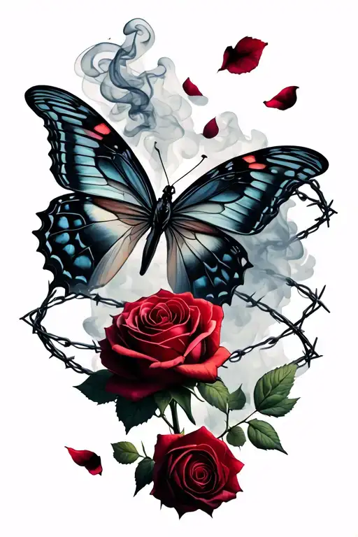 butterfly, two thorny roses surrounding, falling rose pedals fading into smoke, barbed wire wrapping tattoo design idea