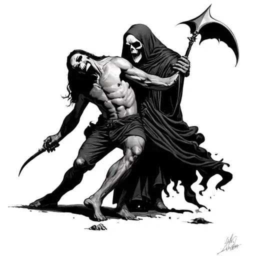 grim reaper being pushed away by man with shirt off tattoo design idea