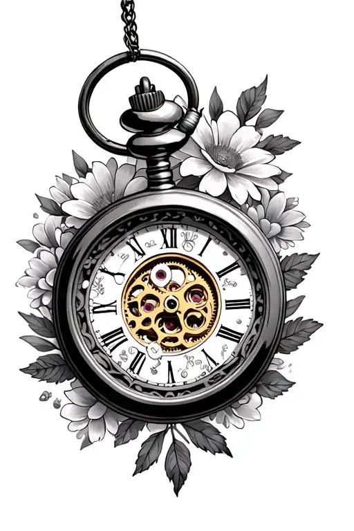 pocket watch with gears inside the middle with flowers tattoo design idea