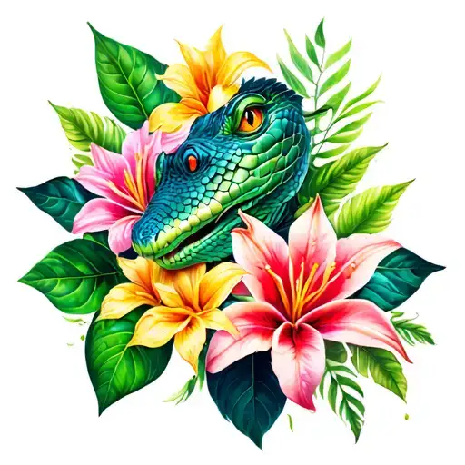 half sleeve. reptile scales with flowers and plants. specifically pothos, daliahs and Lilly's  tattoo design idea