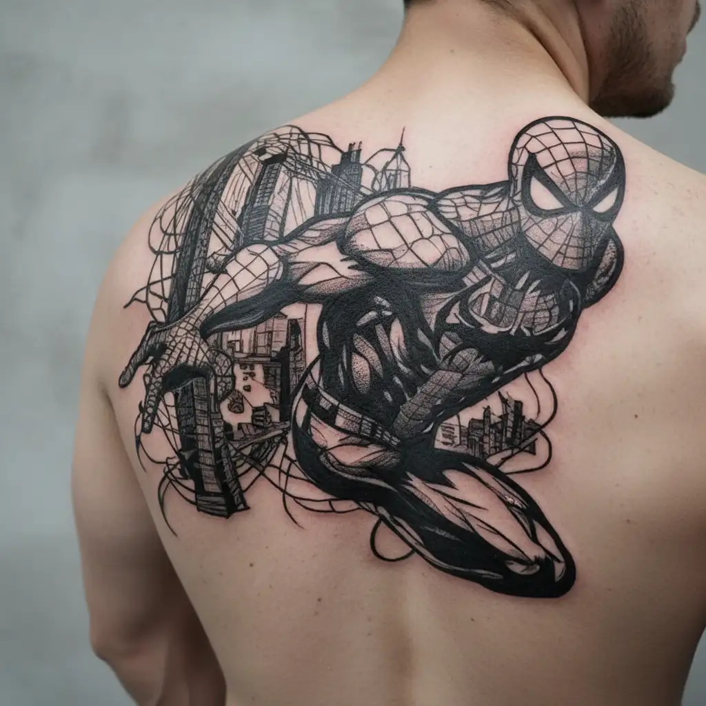 spiderman spider on forearm sleeve combined with batman bats flying around and the citiy of manhattan and supermans sign tattoo design idea