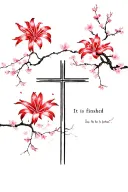 "It is Finished" Cross with Red Spider Lilies and Cherry Blossom Trees tattoo design idea