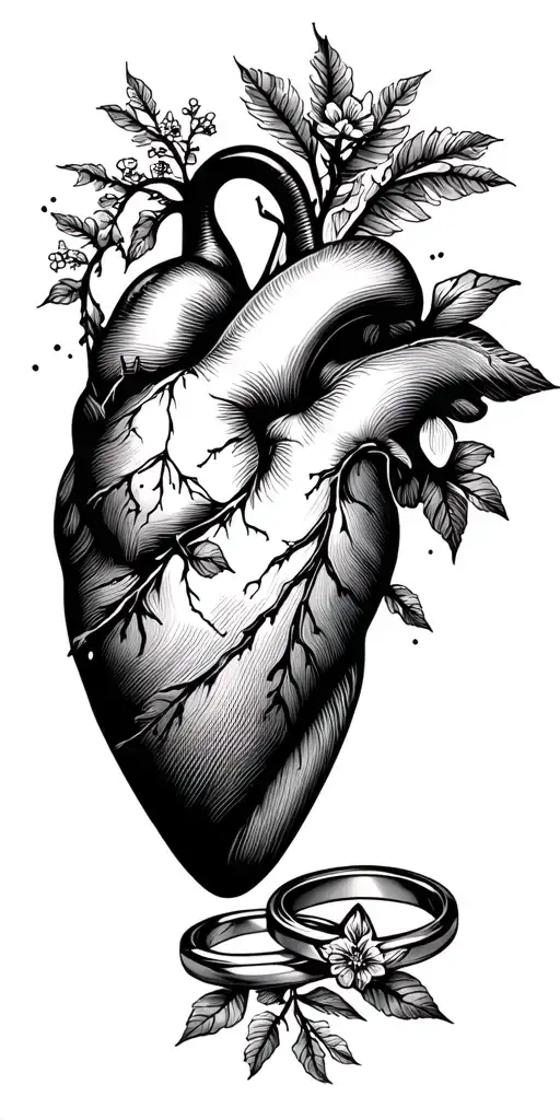 Heart and wedding rings map on the mountians and nature as a background tattoo design idea