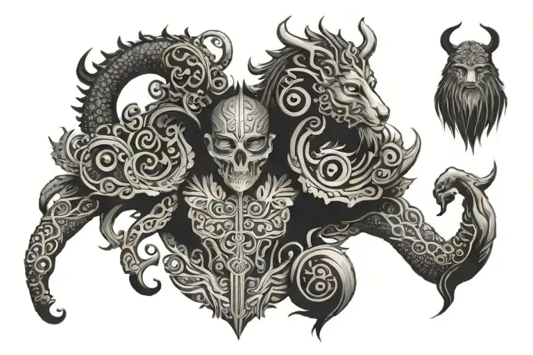 a very elaborate tattoo covering the entire upper body, with the exception of the head. The theme of the tattoo is myths tattoo design idea