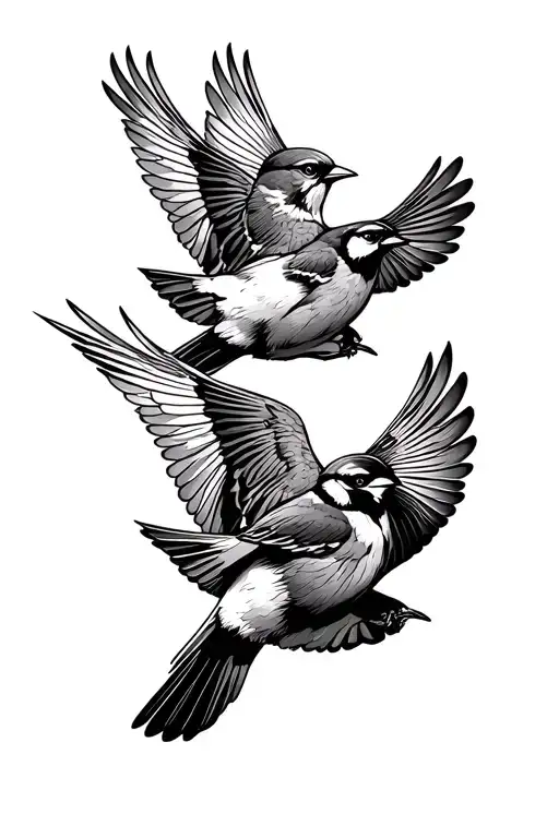 3 semirealisitic sparrows flying upward together facing inward symbolizing siblings tattoo design idea