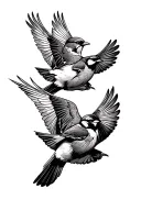 3 semirealisitic sparrows flying upward together facing inward symbolizing siblings tattoo design idea