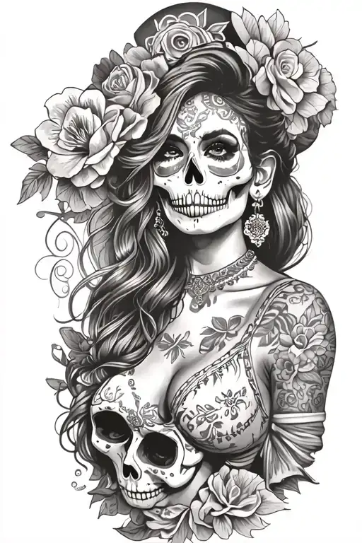 candy skull chicano gangster woman style sleeve tattoo tattoo design idea