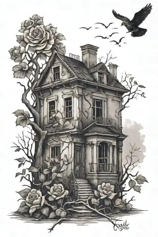 Abandoned Stalin-era house, roses, tree roots tattoo design idea