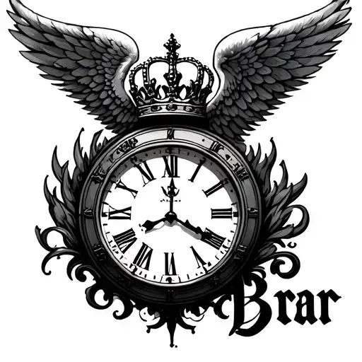 Angel wing, clock and crown all around the word Brar tattoo design idea