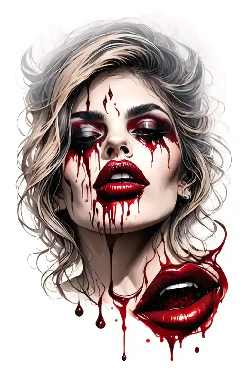 demonic lady bloody lips tattoo design idea