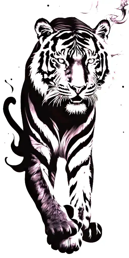 black and white Tiger made of smoke and flames tattoo design idea