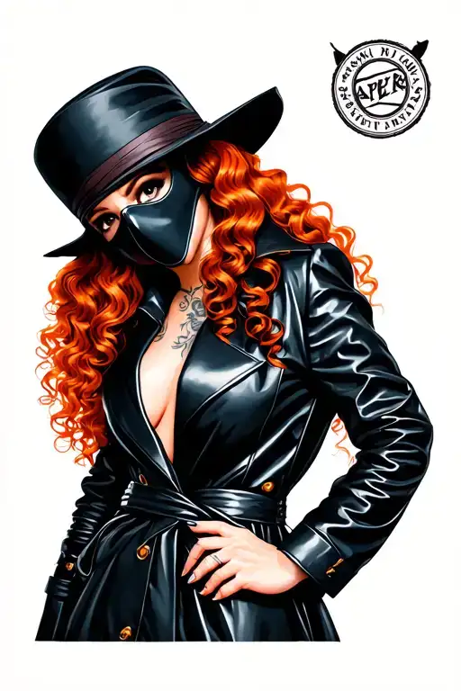 Portrait of Pin-up girl wearing plague doctor mask and black leather trench coat with long curly red hair tattoo design idea