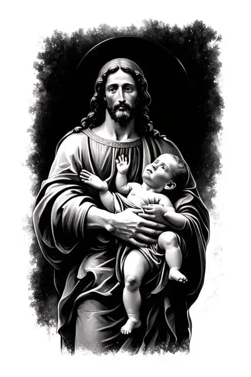 saint joseph hold baby jesus in his arms tattoo design idea
