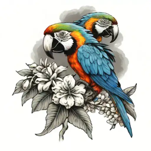 realistic macaw with flowers shoulder tattoo for  tattoo design idea