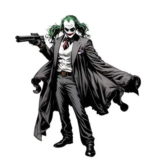 classical comic joker standing in a pose and harley quinn draped over him holding a weapon tattoo design idea